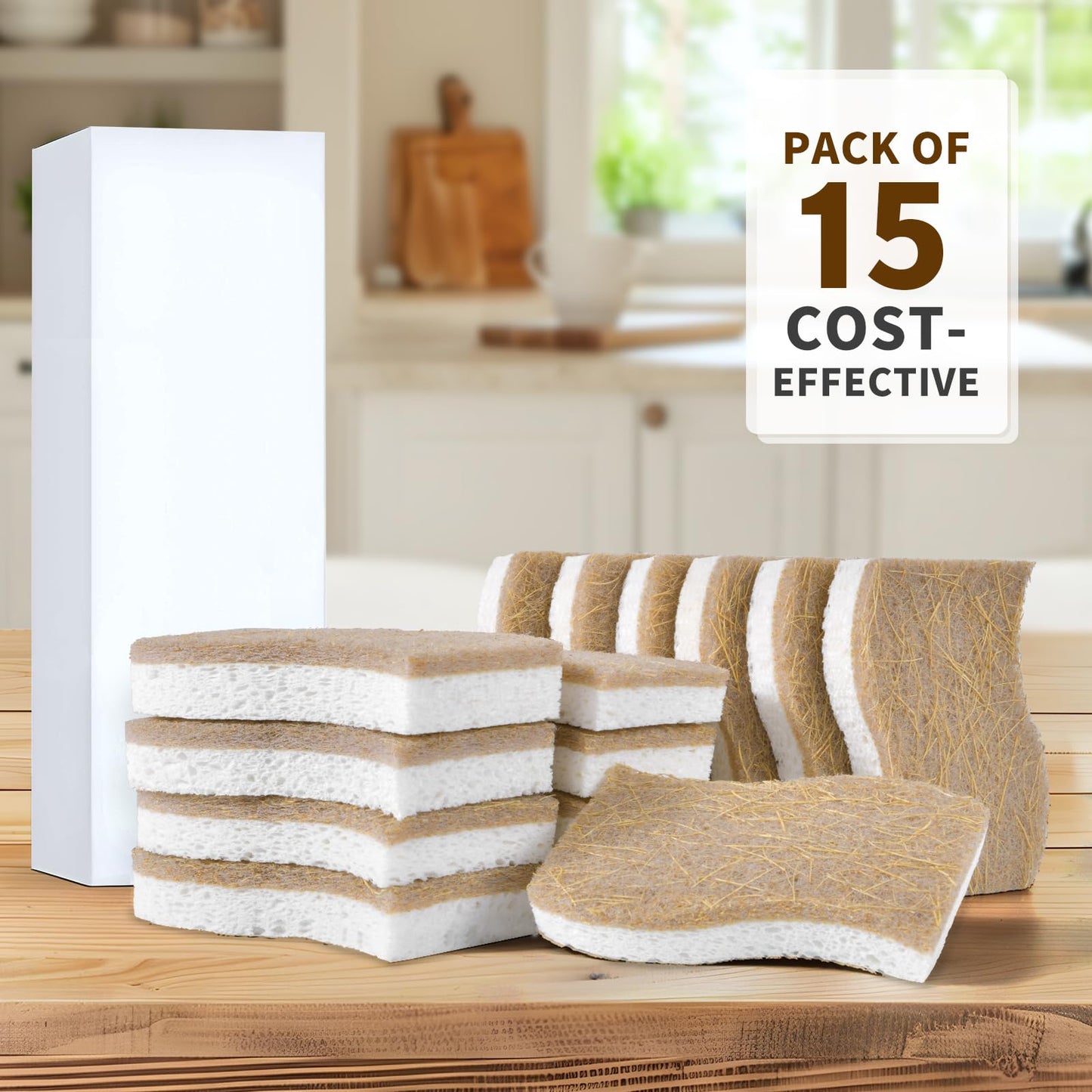 15 Pack Biodegradable Natural Kitchen Sponge - Compostable Cellulose and Coconut Walnut Scrubber Sponge - Eco Friendly Sustainable Sponges for Dishes