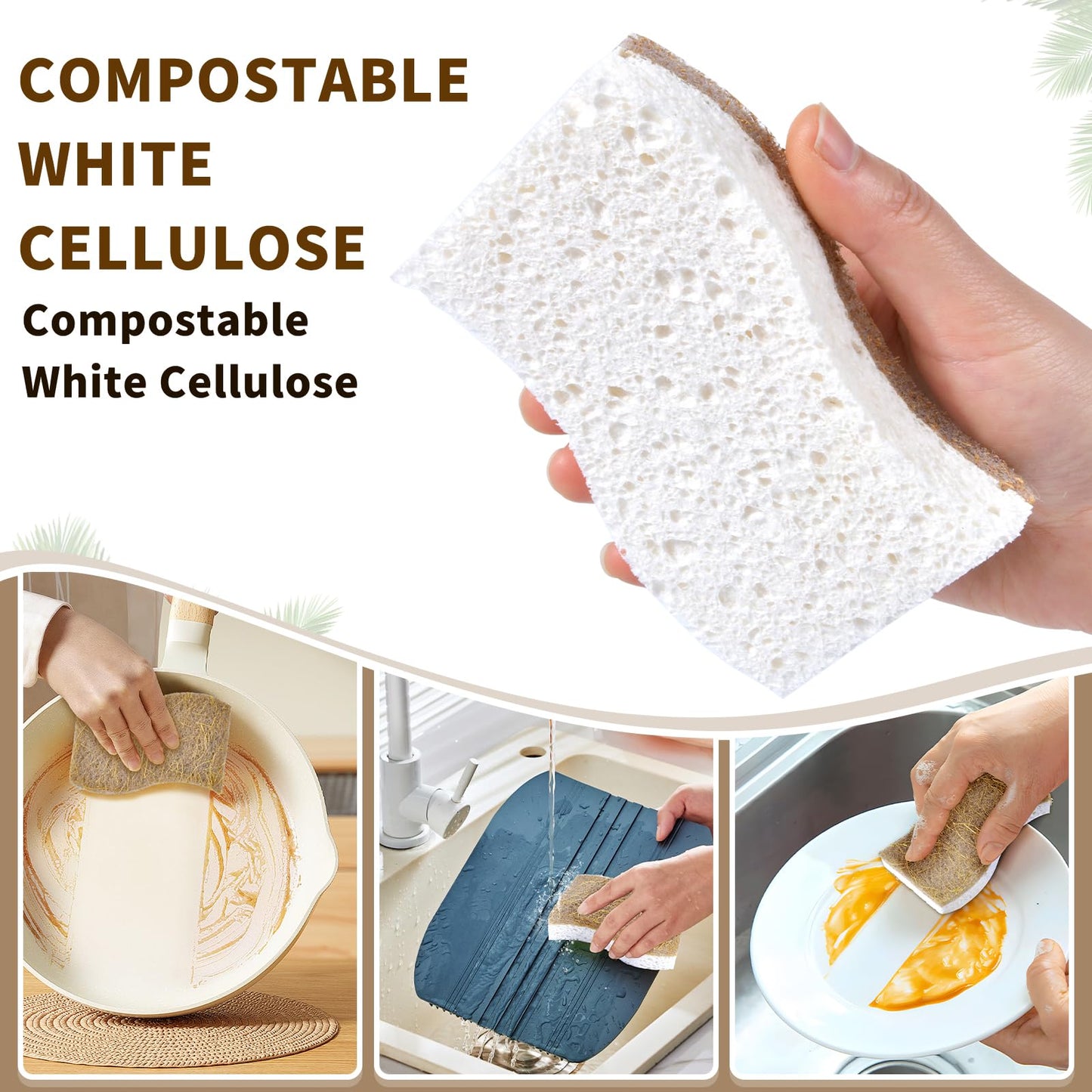 15 Pack Biodegradable Natural Kitchen Sponge - Compostable Cellulose and Coconut Walnut Scrubber Sponge - Eco Friendly Sustainable Sponges for Dishes