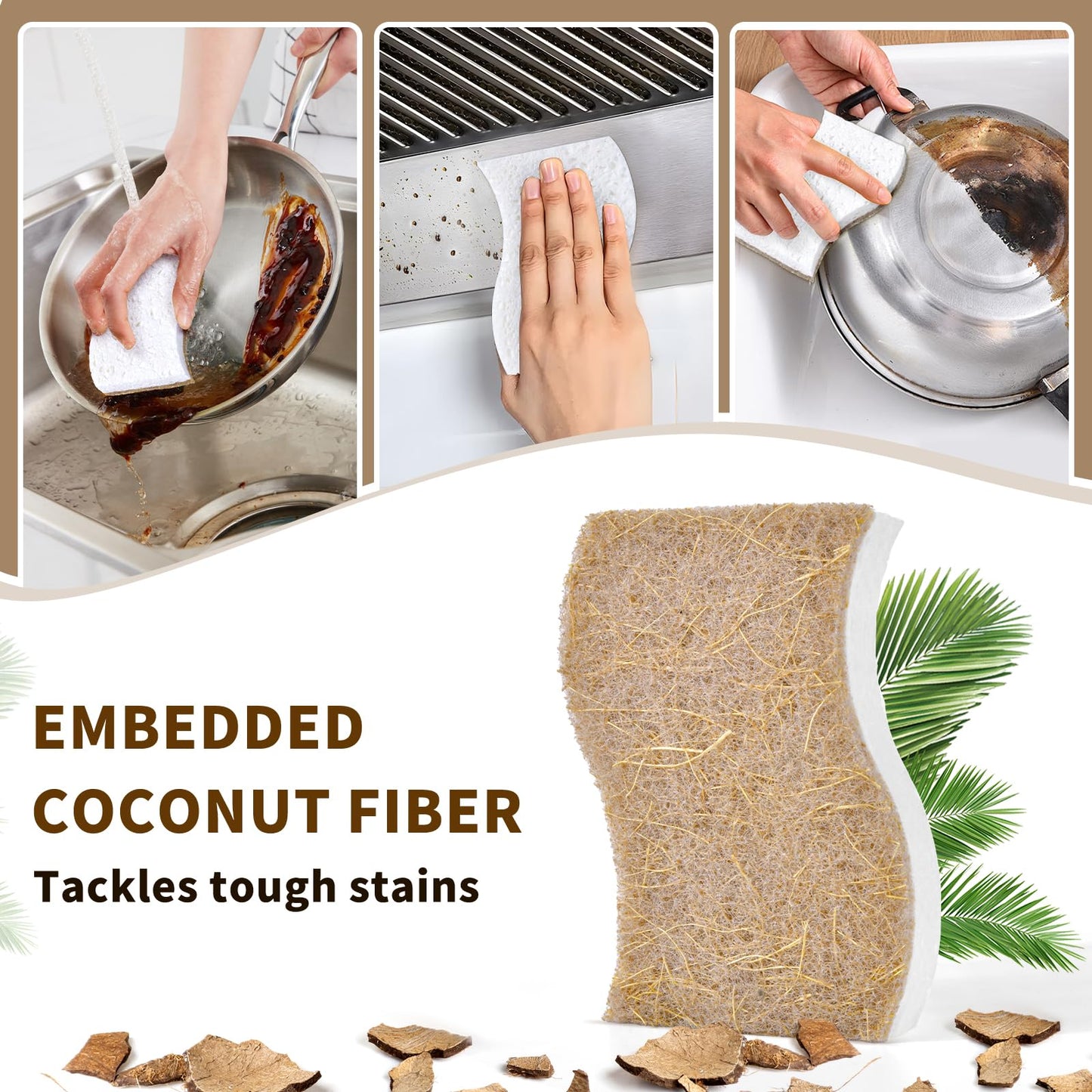 15 Pack Biodegradable Natural Kitchen Sponge - Compostable Cellulose and Coconut Walnut Scrubber Sponge - Eco Friendly Sustainable Sponges for Dishes