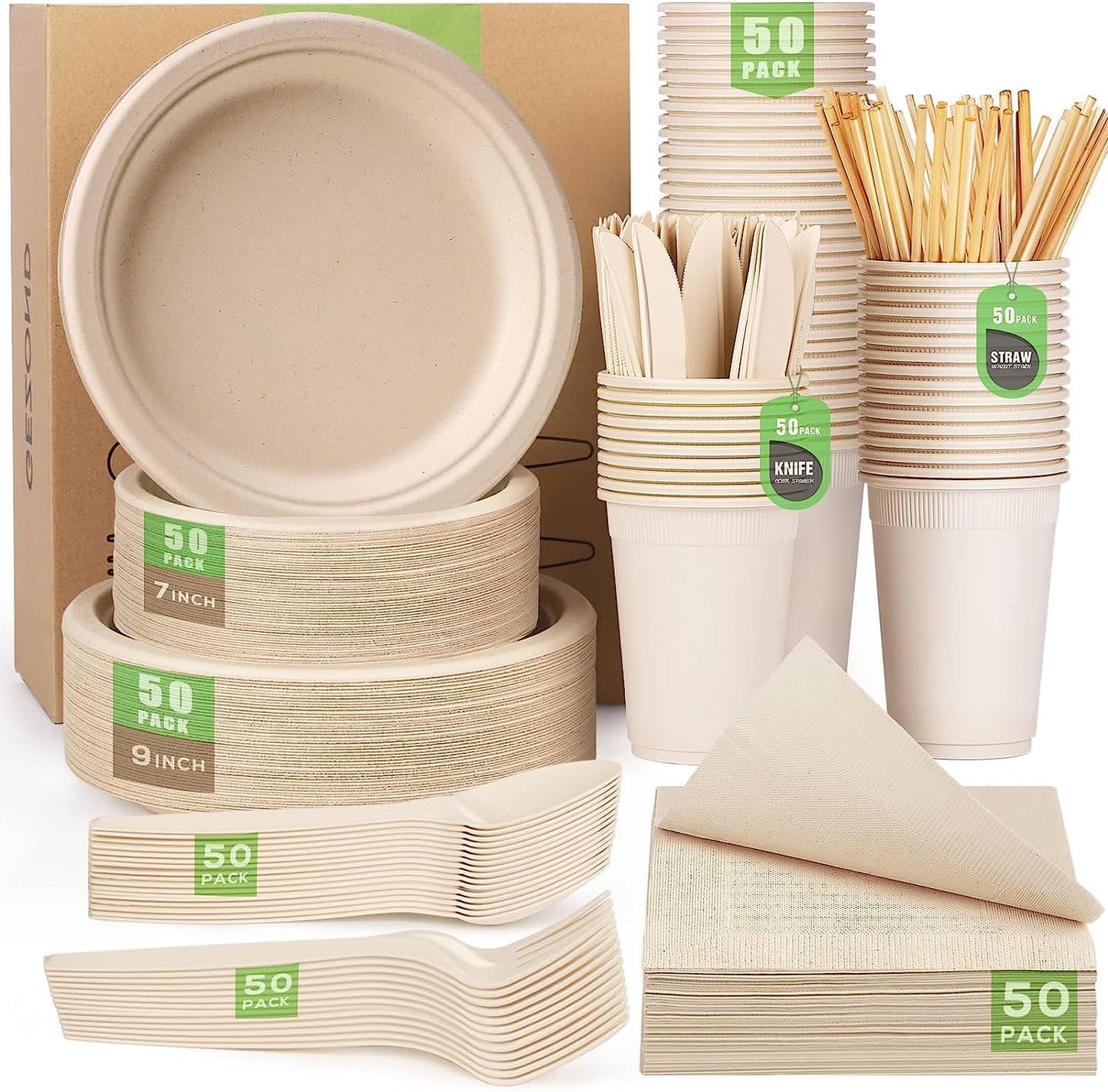 Gezond 350pcs Compostable Paper Plates Set Eco-friendly Heavy-duty Disposable Paper Plates Cutlery Includes Eco-friendly Plates, Forks, Knives, Spoons, Cups and Straws for Wedding Party, 50 Guests
